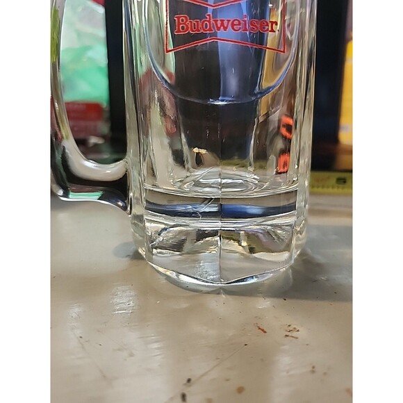 Vintage Budweiser Beer Mug Heavy Glass Stein Red Logo Barware Collectible - Picture 2 of 11
